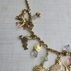 Vintage Kirks Folly Cat Charm Dangle Necklace Birds Crystals Bows Cats Heart 26″