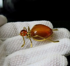 Vintage Natural Baltic Amber Beetle Brooch USSR Gold-Plated Pin 1965s