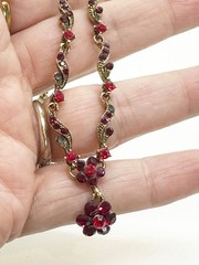 Vintage Rhinestone Necklace Red Crystal Gold Tone Flower Pendant JHS