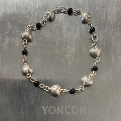 Vintage Sterling Silver Puffed Heart And Black Onyx Bead Link Bracelet