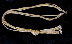 Vtg Silky Gold Tone Lariat Knot Tassel Chain Fringe Necklace Triple Strand 23 In