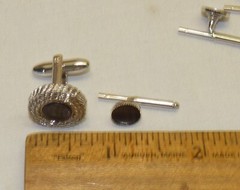 Vtg HICKOK Cufflinks Pair & 3 Stud Button Set Silver & Gray Mother of Pearl MOP