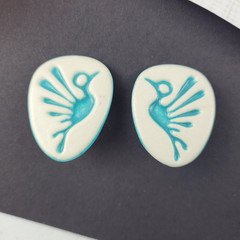 Vintage MCM Blue Cream Ceramic Bird Thunderbird Earrings Clip On