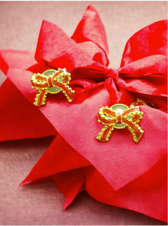 VINTAGE PIERCED EARRINGS – Red and Gold Bows, Post Earrings