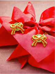 VINTAGE PIERCED EARRINGS – Red and Gold Bows, Post Earrings