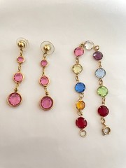Lot of 2 Vintage Gold Tone Glass Bezel Bracelet & Earrings Pink Purple Blue