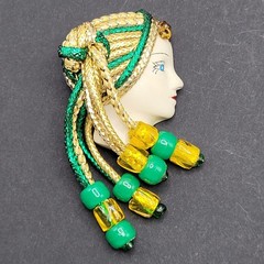 Lady Face Hand Painted Resin Braided Bead Long Hair Art Deco Revival Brooch Pin