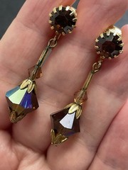 Vintage 1.5” Brown Rhinestone AB Faceted Acrylic Bead Gold Tone Clip Earrings