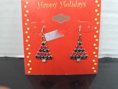 Vintage JC Penny Holiday Motif Christmas Tree Rhinestone Earrings Red And Green