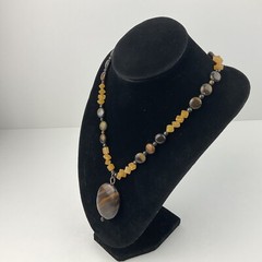 Vtg Genuine Brown Gold Tiger Iron Pendant Yellow Citrine Beaded Necklace Sz 17″