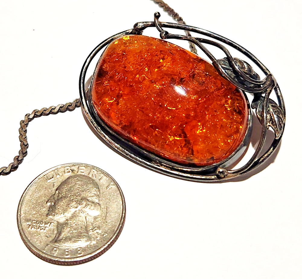 Antique Sterling Silver 925 Cognac Baltic Amber Pendant Brooch Necklace 24 Grams