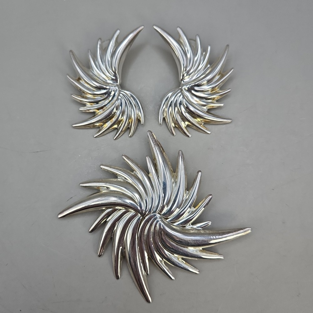 Set (3) Silver-Tone Metal MCM Starburst Spike Spiky Swirls Earrings & Brooch Pin