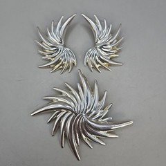 Set (3) Silver-Tone Metal MCM Starburst Spike Spiky Swirls Earrings & Brooch Pin