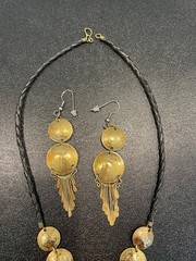 Brighton Vintage Brass coin necklace with matching earings and leather rope neck