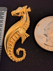 Vintage Monet Gold Tone Seahorse Brooch Rhinestone Eye Nautical Coastal Beach