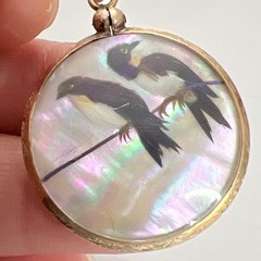 Antique Victorian Gold Filled Mother Of Pearl Bird Feather Round Etched Pendant