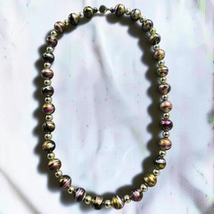 Vintage Marbled Lucite Bead Necklace Black Gold Pink Silver 24″ Mid Century