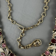 Vintage Coro Necklace Red Pink Rhinestone Leaf Gold Tone Choker Adjustable 15″