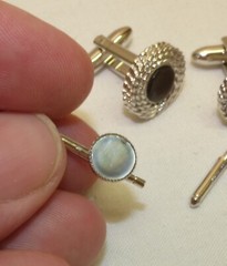 Vtg HICKOK Cufflinks Pair & 3 Stud Button Set Silver & Gray Mother of Pearl MOP