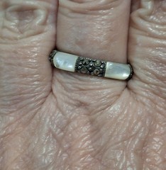 Vintage Thailand 925 Sterling Silver Mother Of Pearl Marcasite Band Ring Size 9