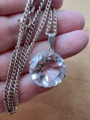 VINTAGE LARGE ROCK CRYSTAL COLORLESS WHITE QUARTZ PENDANT NECKLACE STERLING SLVR