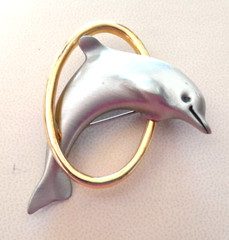 Vintage 1980’s FAF FaFard Pewter & 18K Gold Plated 2″ Jumping Dolphin Brooch Pin