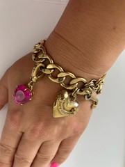 Vintage Y2K Juicy Couture Chunky Charm Bracelet Pink Crystal Heart Toggle 6.5”
