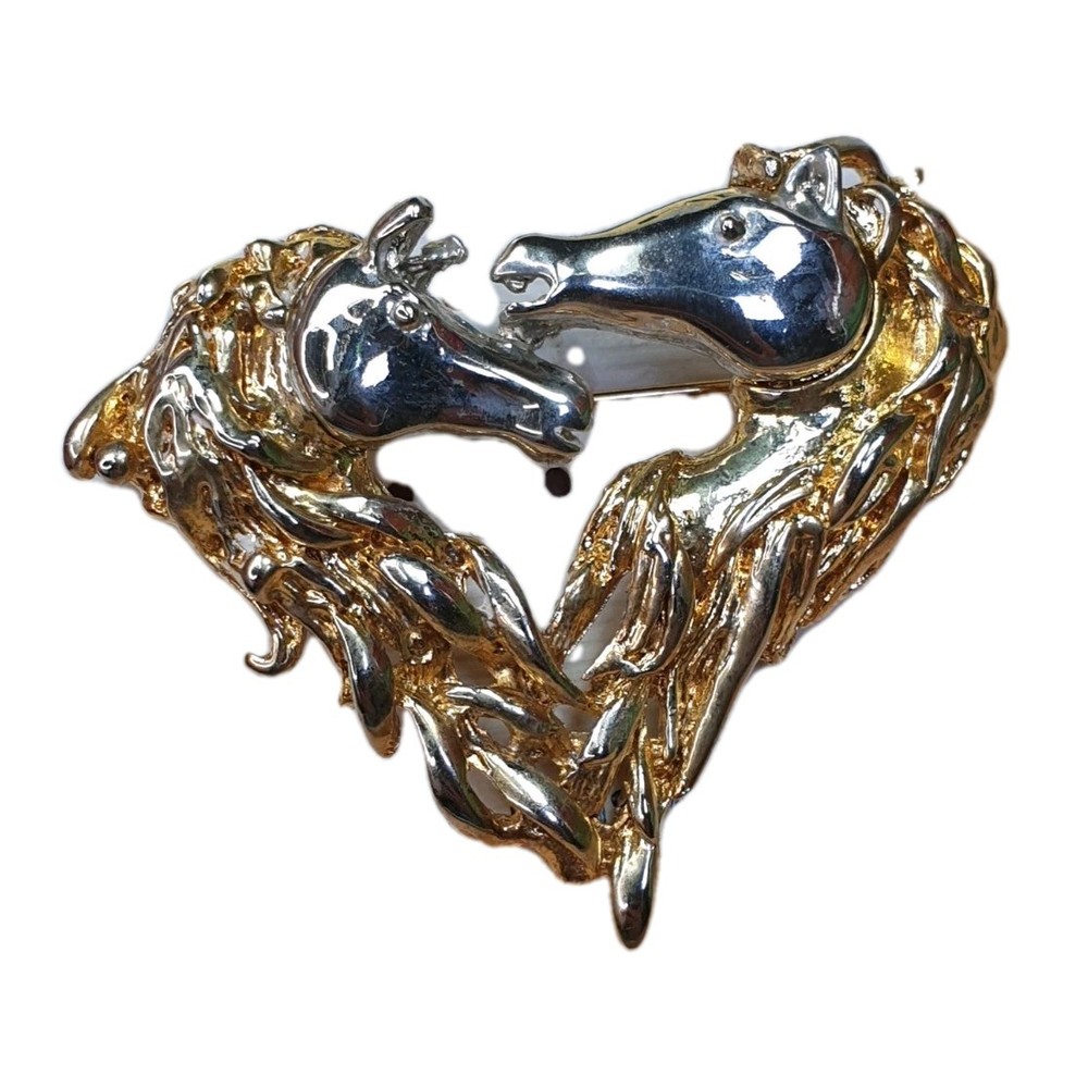 Vintage Two Sisters Medici Brooch Pin Horses Two-Tone Heart Rodeo Country Chic