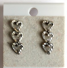 Drop Earrings Triple Heart Dangle Three Hearts Silver Toned Pierced 7/8″ Pair