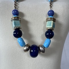 Vintage Chicos Turquoise Color Navy Blue Necklace Ceramic Acrylic Mixed Metal
