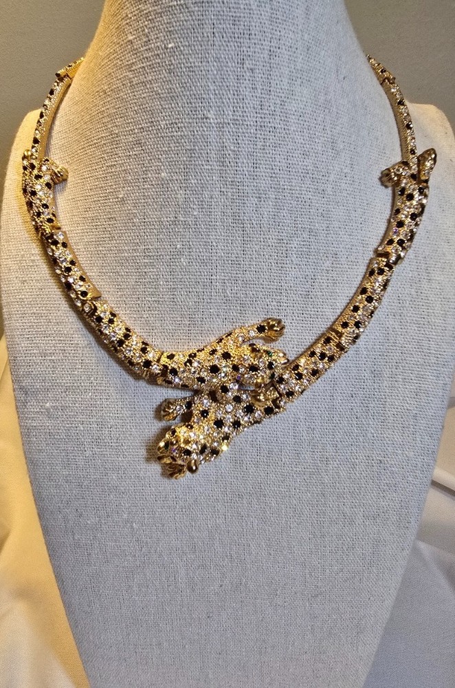 Vintage Articulated Double Green Eyed Leopard Panther Rhinestone Collar Necklace
