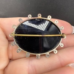 Vintage Rhinestone Brooch Black Silver Tone READ