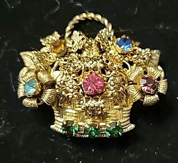 Vintage Czech Brass Toned Floral Basket Brooch Multi-Colored Rhinestones Glass