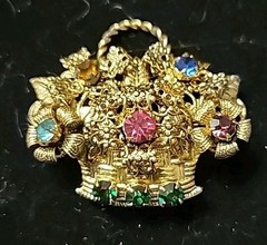 Vintage Czech Brass Toned Floral Basket Brooch Multi-Colored Rhinestones Glass