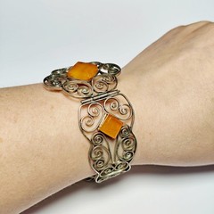 Vintage Baltic Amber Filigree Bracelet 1970s Melchior Cuff 17cm 6.7″