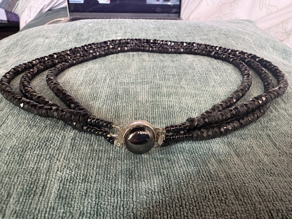 Antique Black Faceted Graduated glass beads triple Strand Necklace