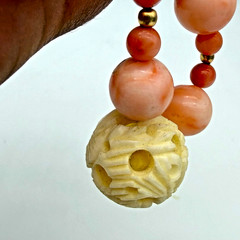 VTG Angel Skin Coral Necklace 36in Carved White Chinese Puzzle Ball 11mm OOAK