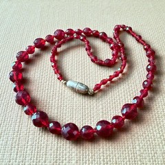Czech Glass Bead Necklace Red Vintage Faceted Graduated Statement Long 24 Inch