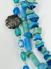 Natural Green Blue Stone Necklace Glass Triple Strand Silver Tone
