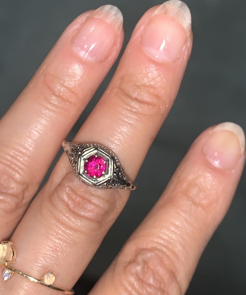 Antique 10k W Gold Vivid Pink Filigree Carved Etch Ring Nouveau Edwardian 2.25g