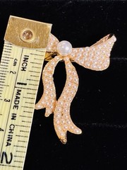 Public Affair Faux Pearl Bow Brooch Gold Tone Ribbon Pin Elegant Vintage Style