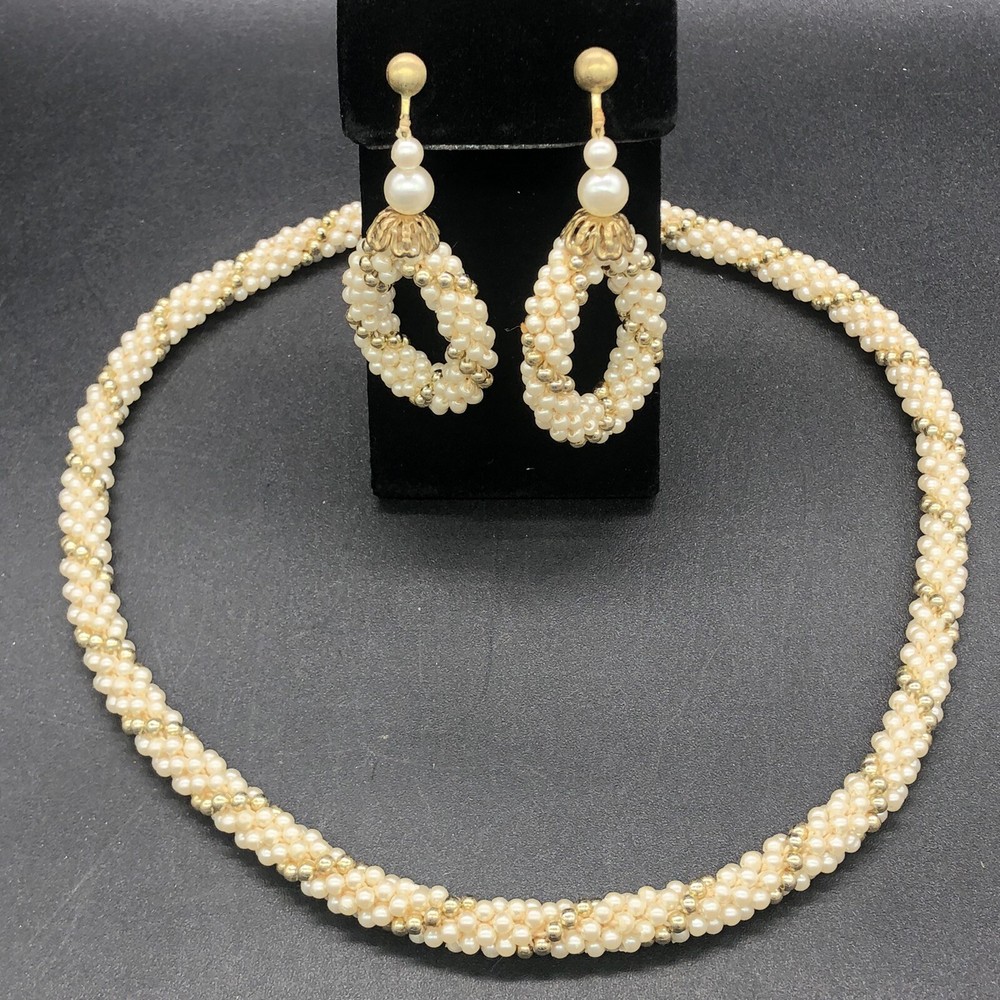 Vtg Faux Pearl Gold Woven Rope Necklace Matching Rope Hoop Earrings Screw Backs