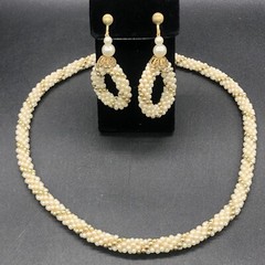 Vtg Faux Pearl Gold Woven Rope Necklace Matching Rope Hoop Earrings Screw Backs