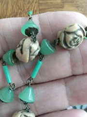 Antique Art Deco Czech Green And Tan Carved Glass Necklace 1920s