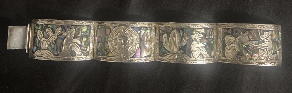 Vtg Mexican 925 Sterling Silver Abalone Storyteller Panel Bracelet 7″ Heavy 42G