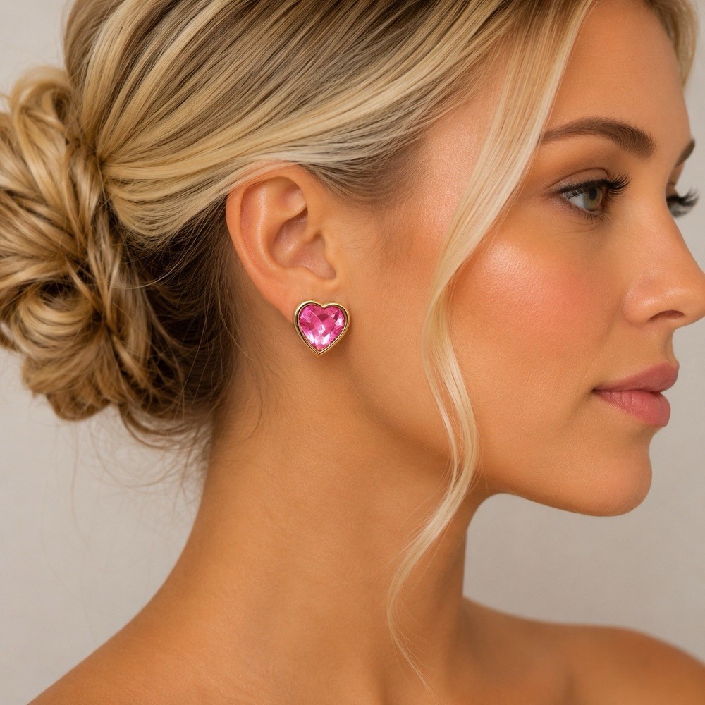 Vintage Gold Tone Pink Heart Crystal Clip On Earrings Romantic Statement