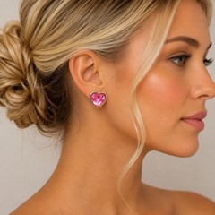 Vintage Gold Tone Pink Heart Crystal Clip On Earrings Romantic Statement
