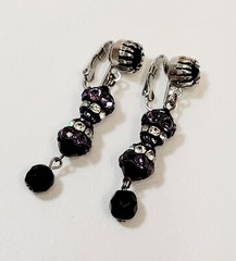 Vtg Clear Purple Rhinestone Black Glass Crystal Dangle Earrings Goth Victorian