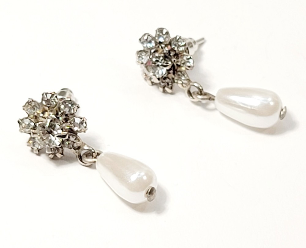 Vintage Rhinestone & Faux Pearl Drop/Dangle Pierced Earrings.