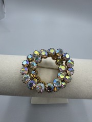 Clear AB Aurora Borealis Rhinestone Prong Dbl Circle Gold Tone Brooch Estate Vtg
